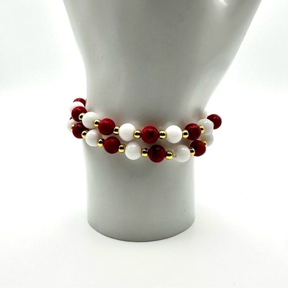 Red and White Christmas Bracelets on Stretch String | Set of 2 - Picture 3 of 7